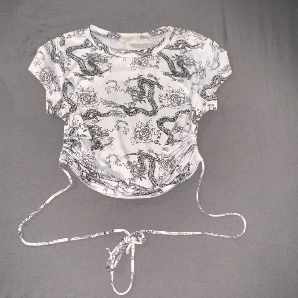 White and Black Dragon Print Top